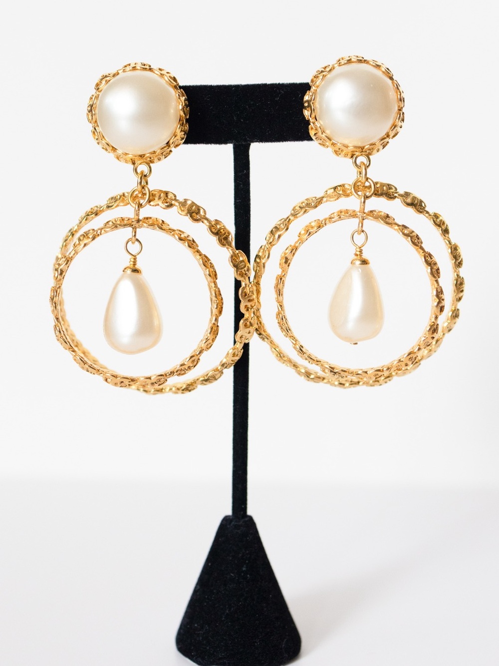 Chanel rare Gold Pearl Drop Hoop Earrings
